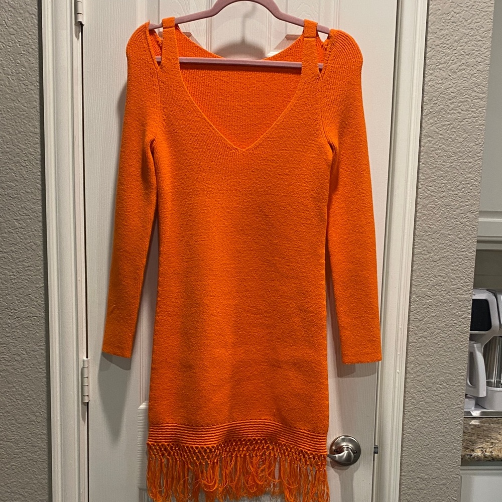 Derek Lam Crosby 10 Orange Long Sleeve Fringe Knit Dress